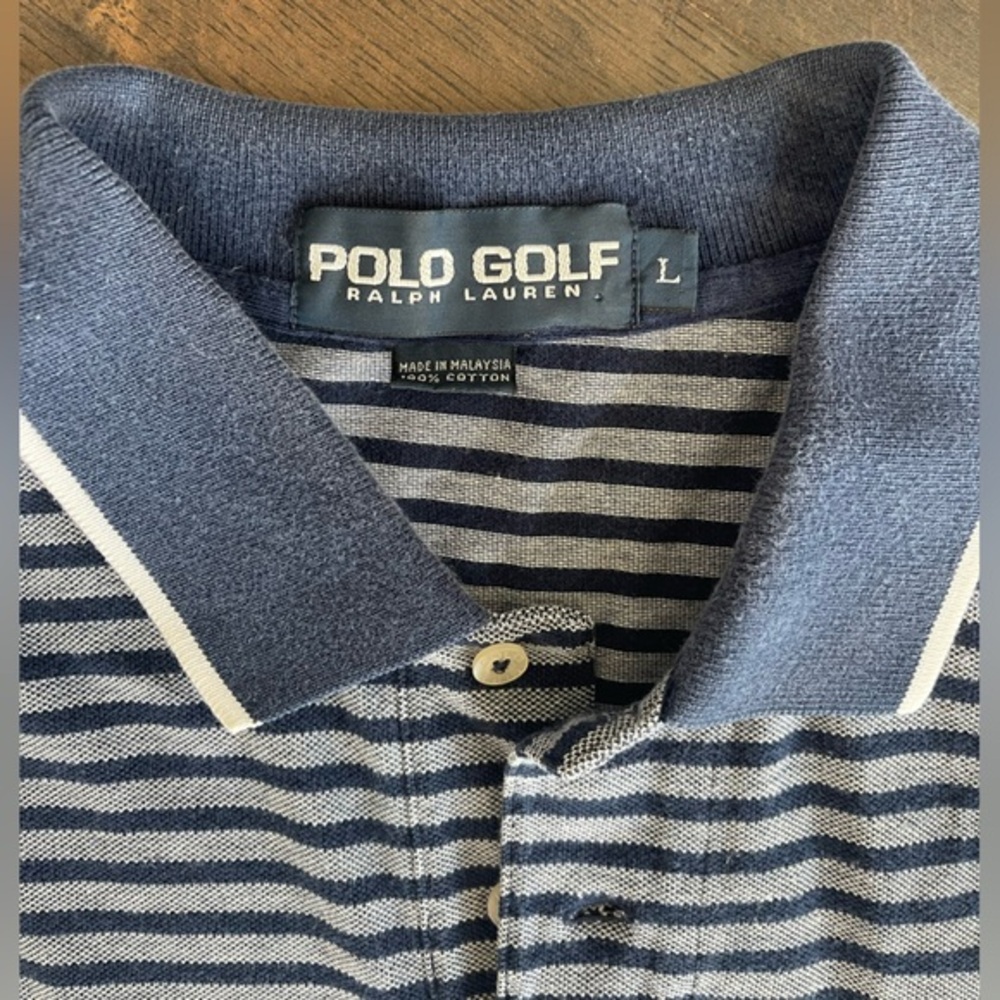 POLO RALPH‎ LAUREN Vintage Golf Shirt Shortsleeve Grey Navy Stripe Classic LARGE - Picture 8 of 11